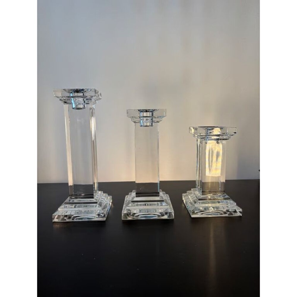 Set of 3 Clear Crystal Candlesticks Mixed Heights Vintage